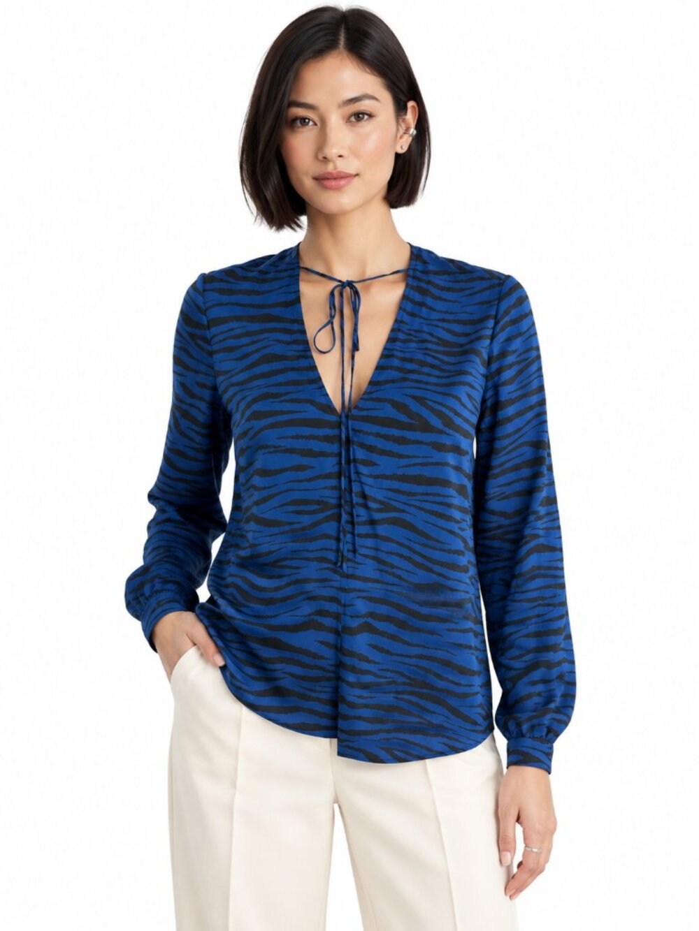 A.L.C. Kirk Silk Blouse Blue Black Zebra Animal Print Size 2 Long Sleeve